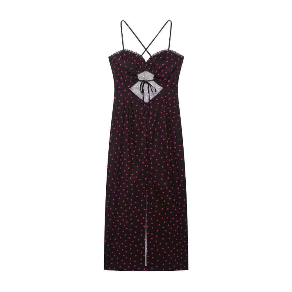 ZARA Summer Sexy Black Rose Red Polka Dot Spaghetti Strap Dress